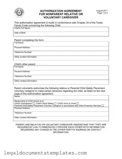 Free Agreement Nonparent Relative Caregiver PDF Form