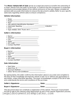 Legal Motor Vehicle Bill of Sale Document