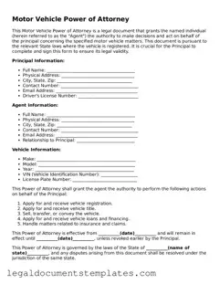 Legal Motor Vehicle Power of Attorney Document