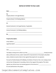 Free Intent To Lien Florida PDF Form
