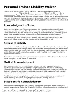 Legal Personal Trainer Liability Waiver Document