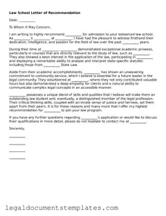 Legal Law School Letter of Recommendation Document