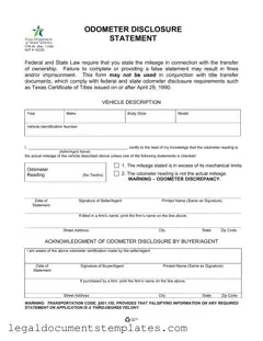 Free Texas Odometer Statement PDF Form