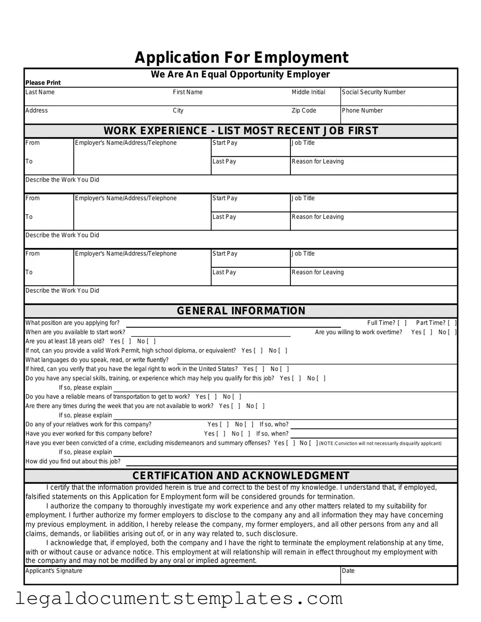 Free Spanish Application Employment PDF Form