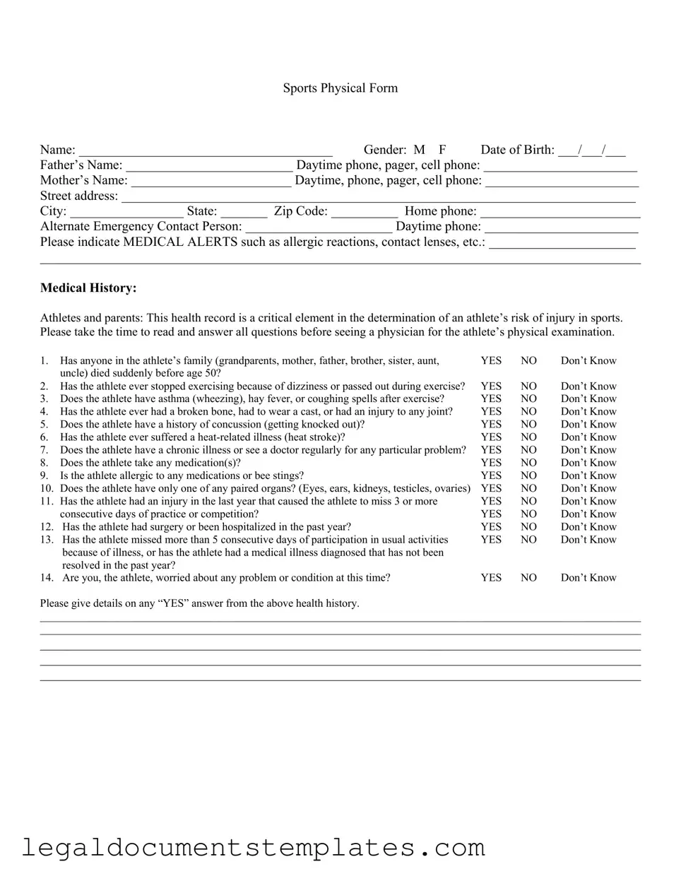 Free Sports Physical PDF Form