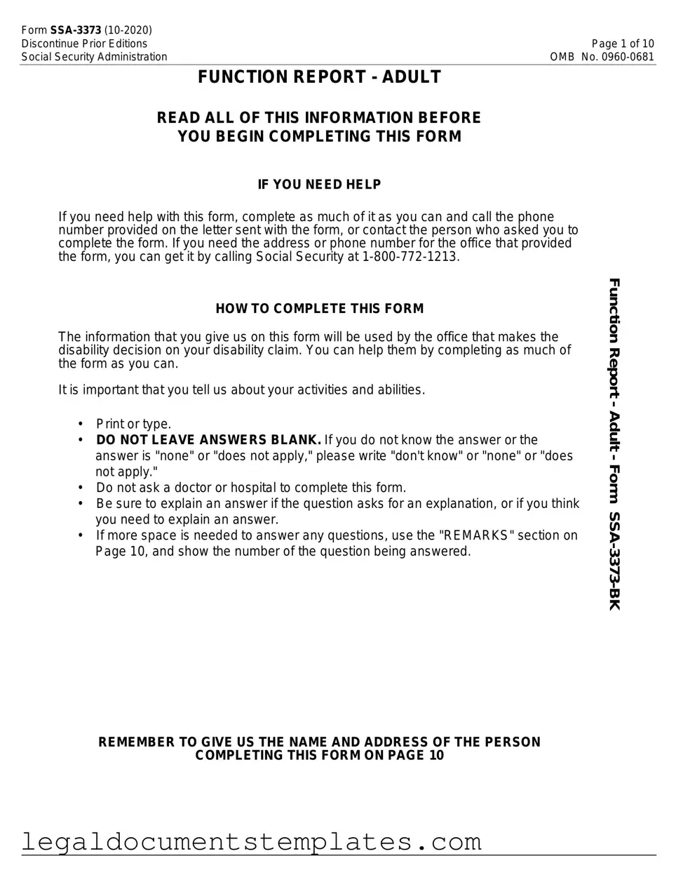 Free SSA SSA-3373-BK PDF Form
