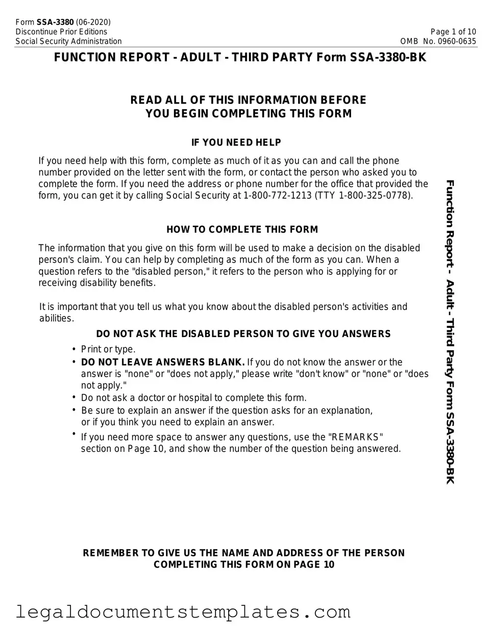 Free SSA SSA-3380-BK PDF Form