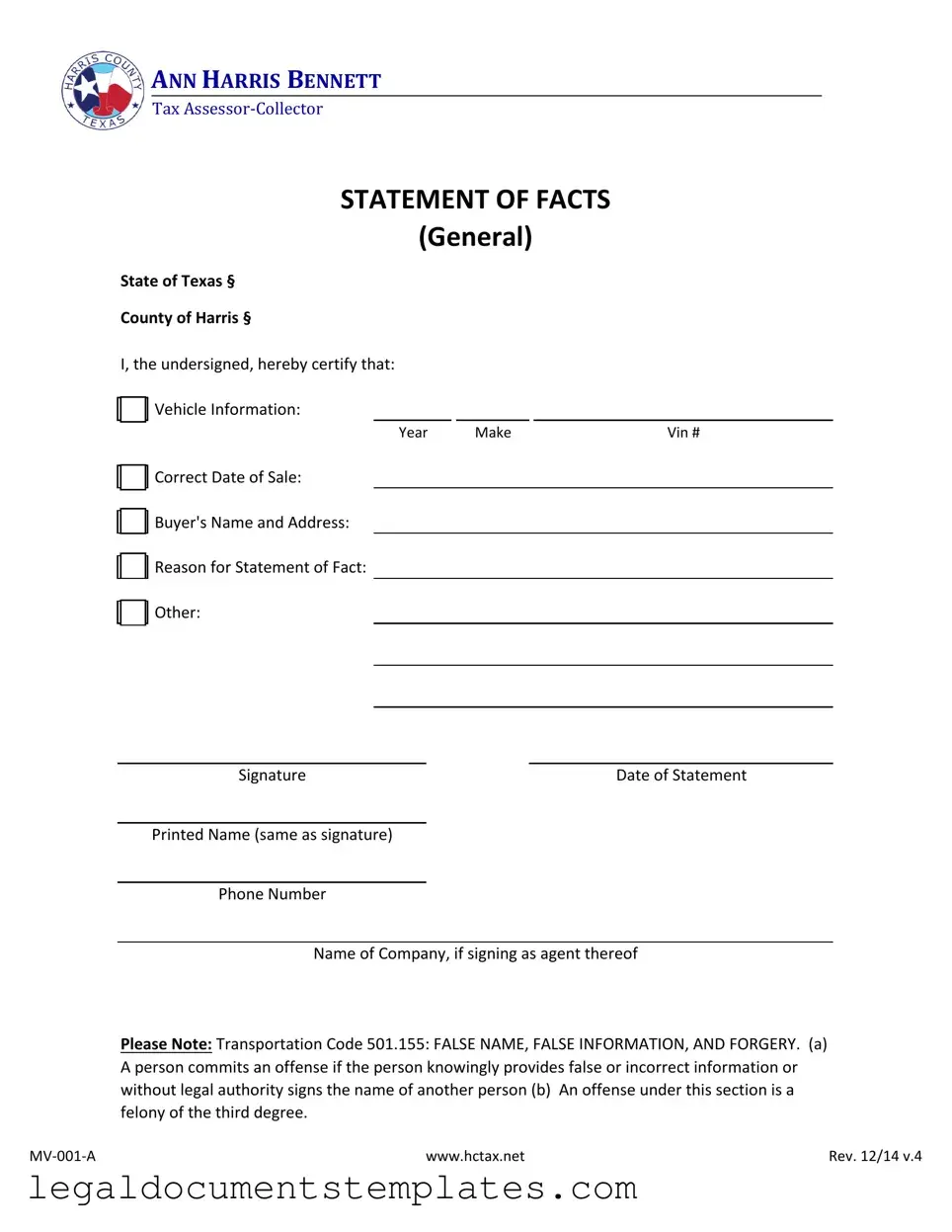 Free Statement Of Fact Texas PDF Form