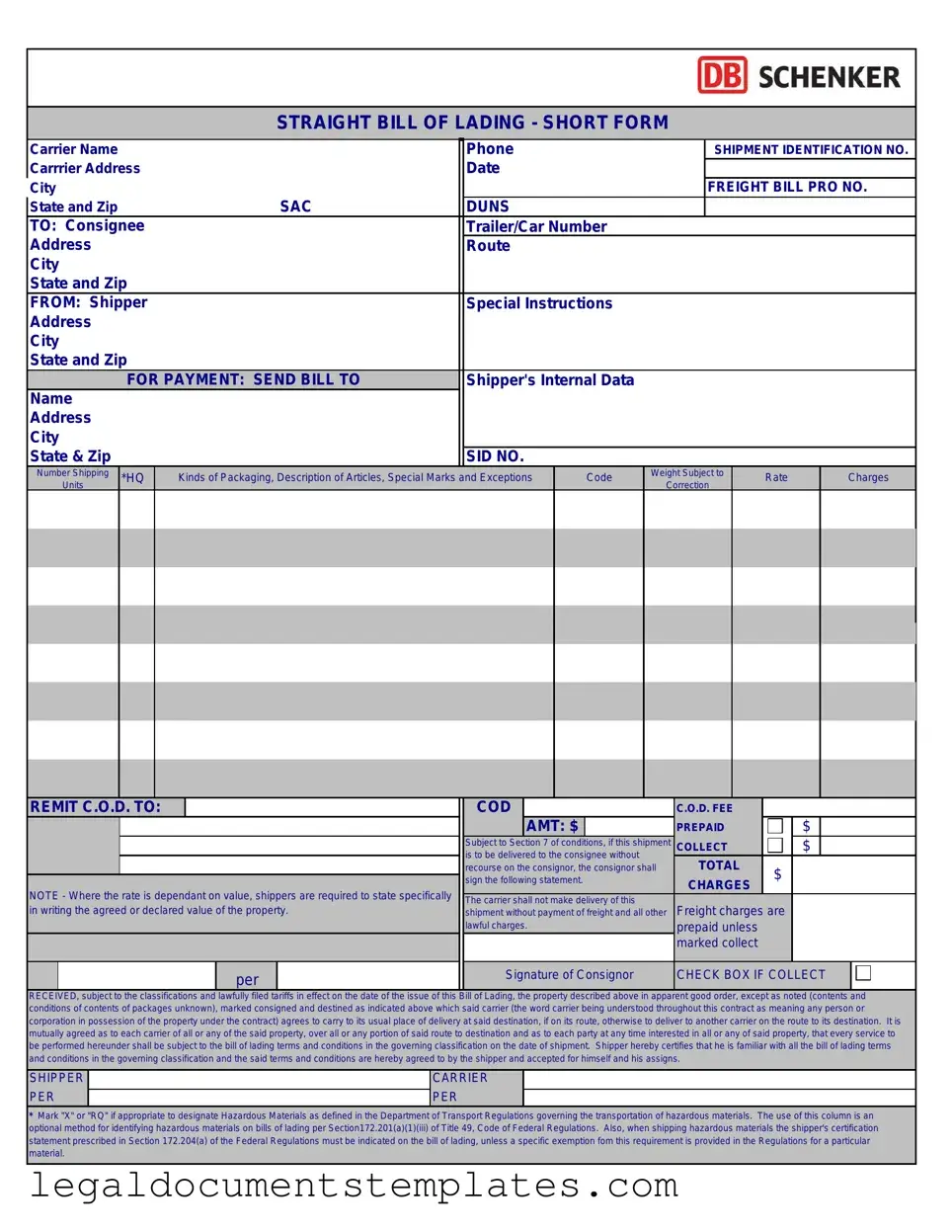 Free Straight Bill Of Lading PDF Form