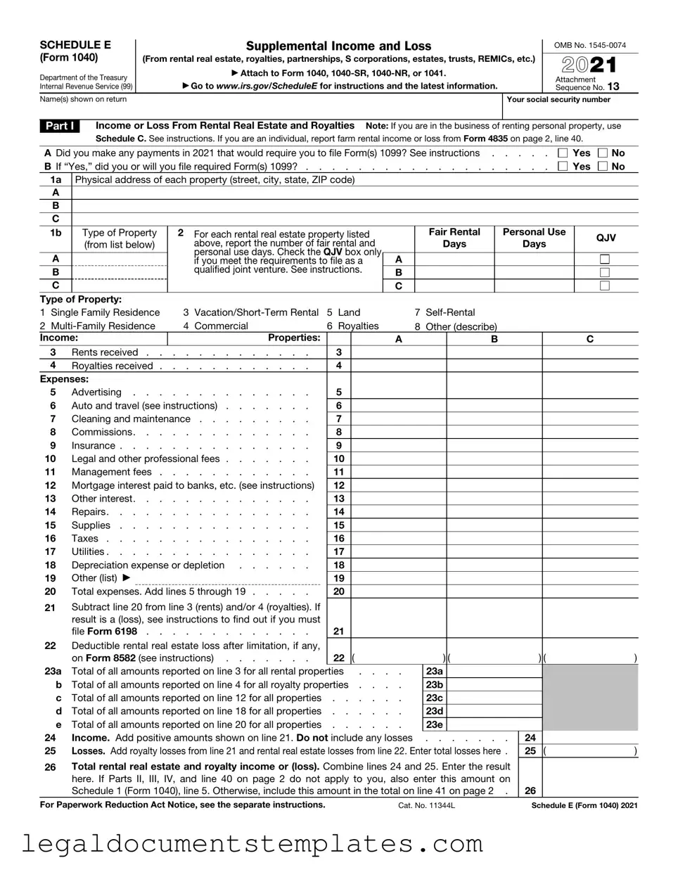 Free IRS Schedule E 1040 PDF Form
