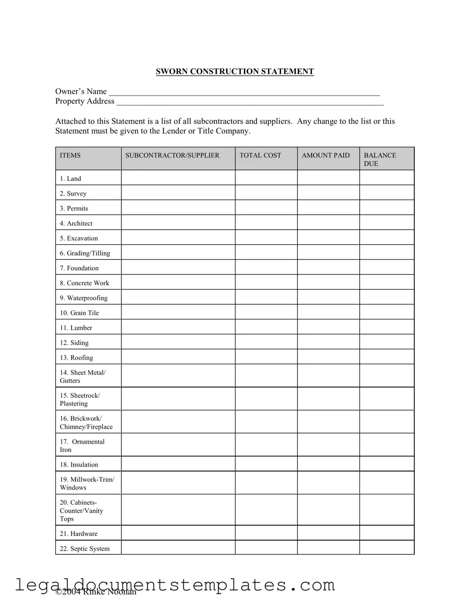 Free Sworn Construction Statement PDF Form