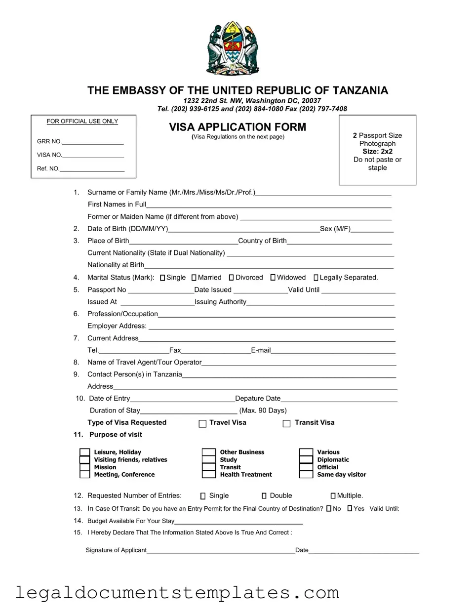 Free Tanzania Visa Applicaiton PDF Form
