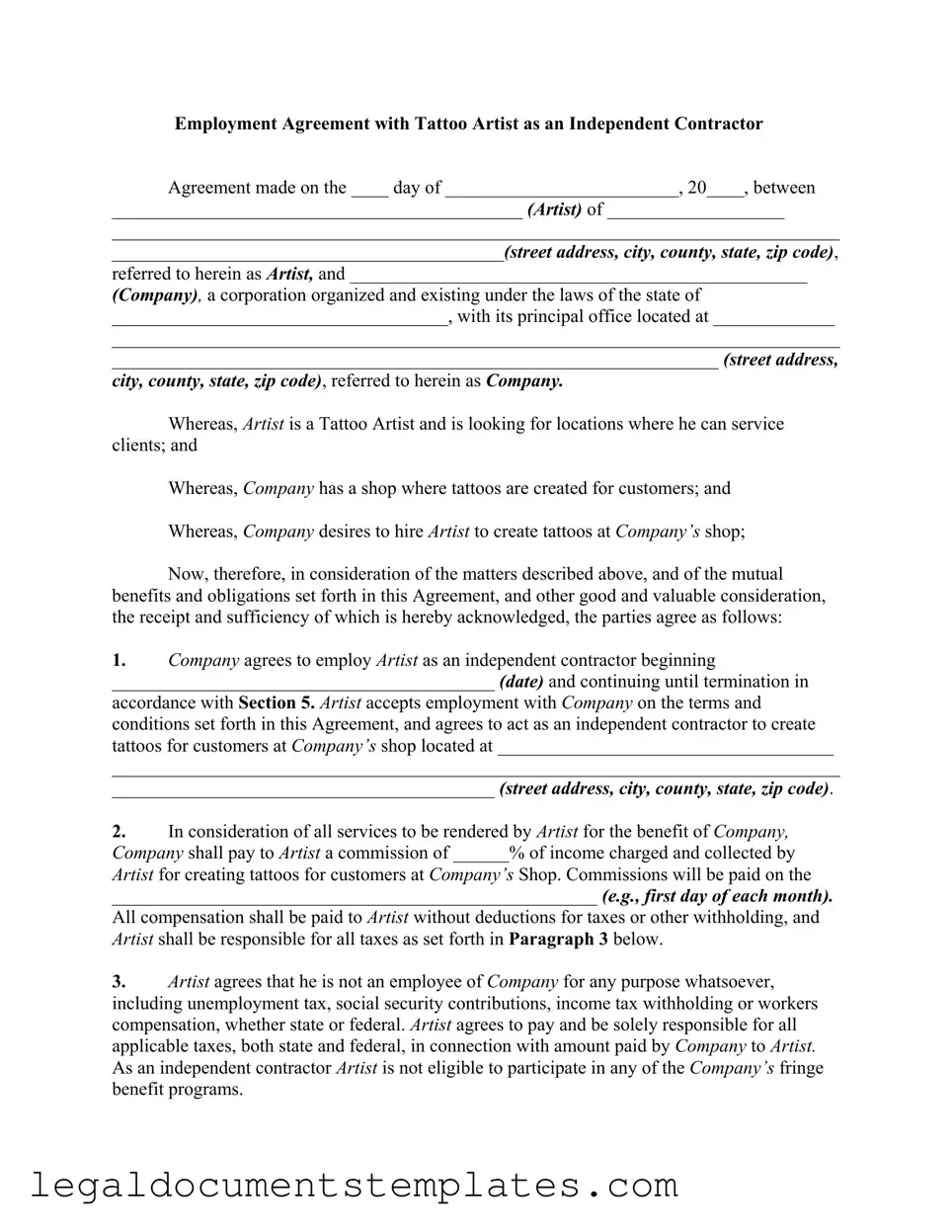 Free Tattoo Shop Artist Agreement PDF Form