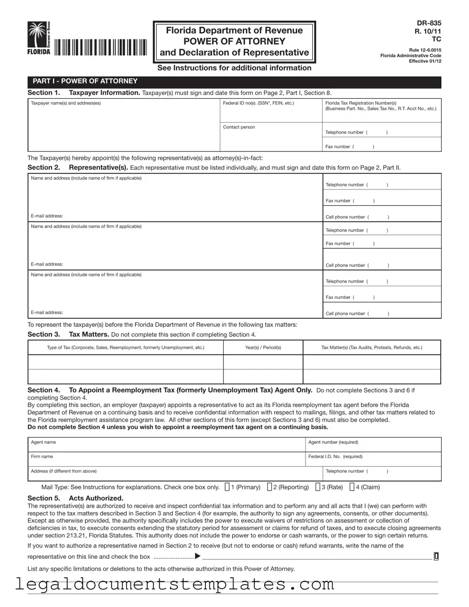 Free Tax POA dr 835 PDF Form