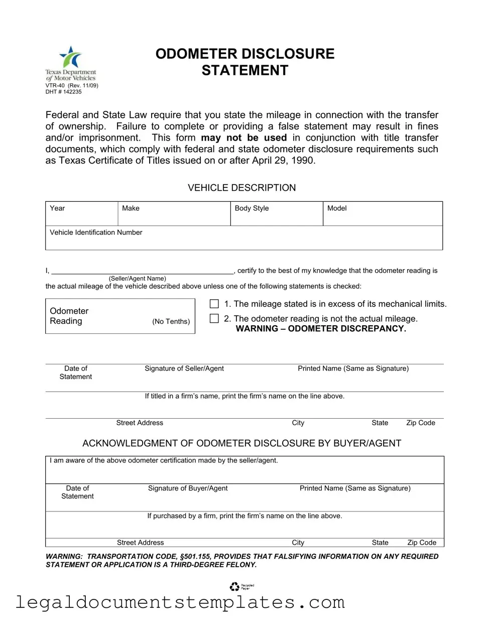 Free Texas Odometer Statement PDF Form