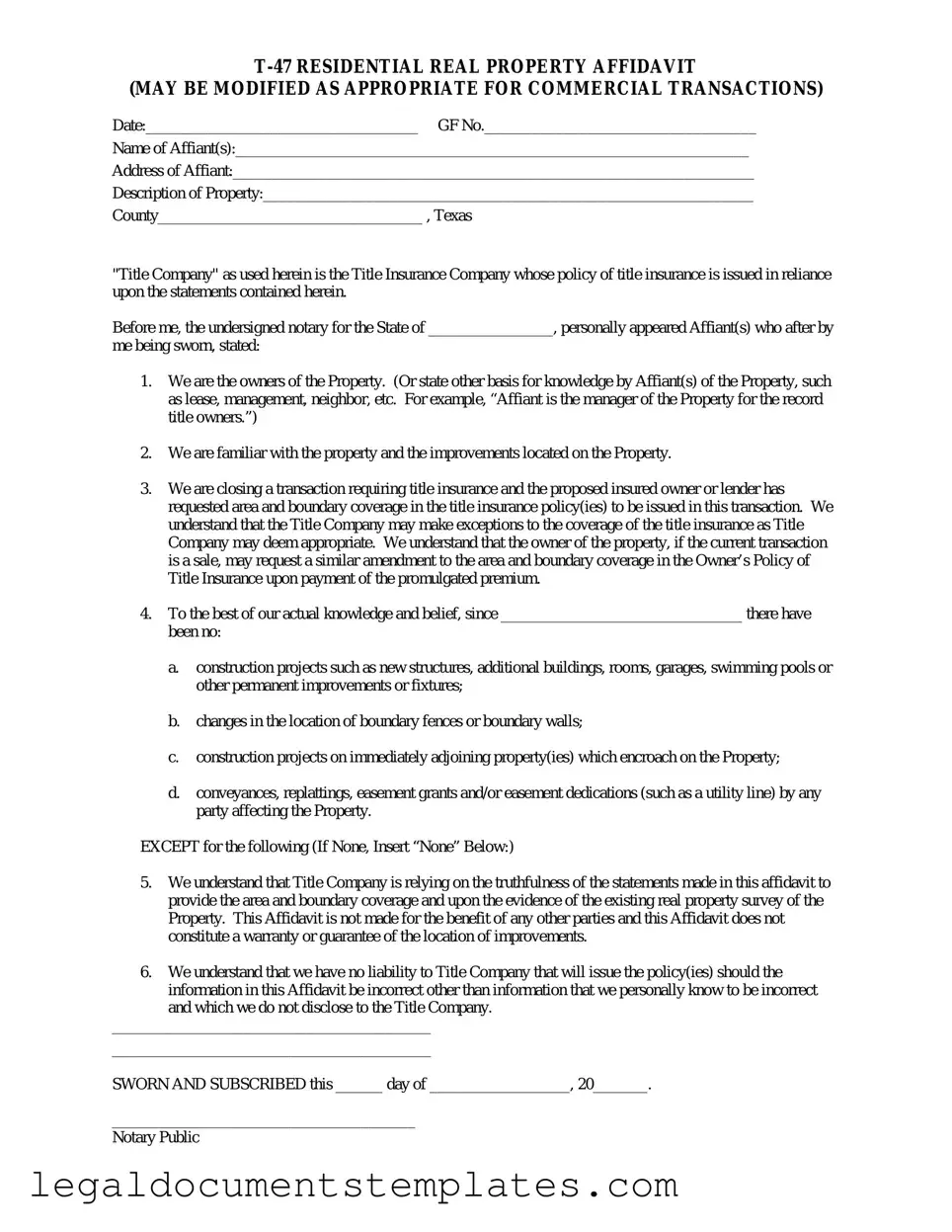 Free Texas residential property affidavit T-47 PDF Form
