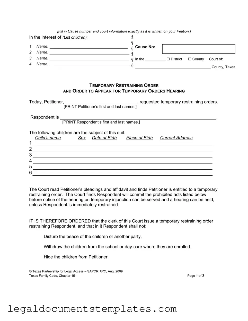 Free Texas Temporary Restraining Order PDF Form