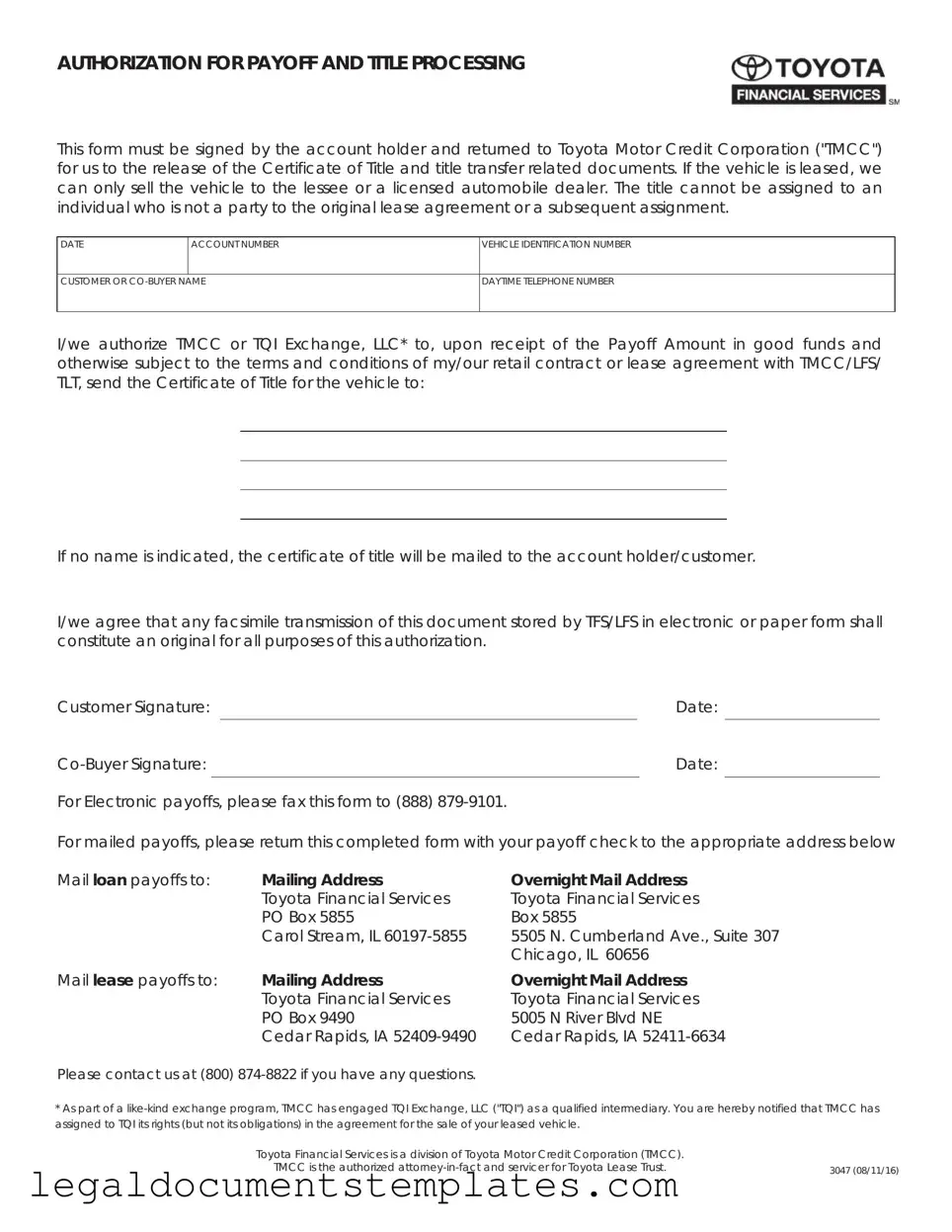 Free Toyota Finacial Payoff PDF Form