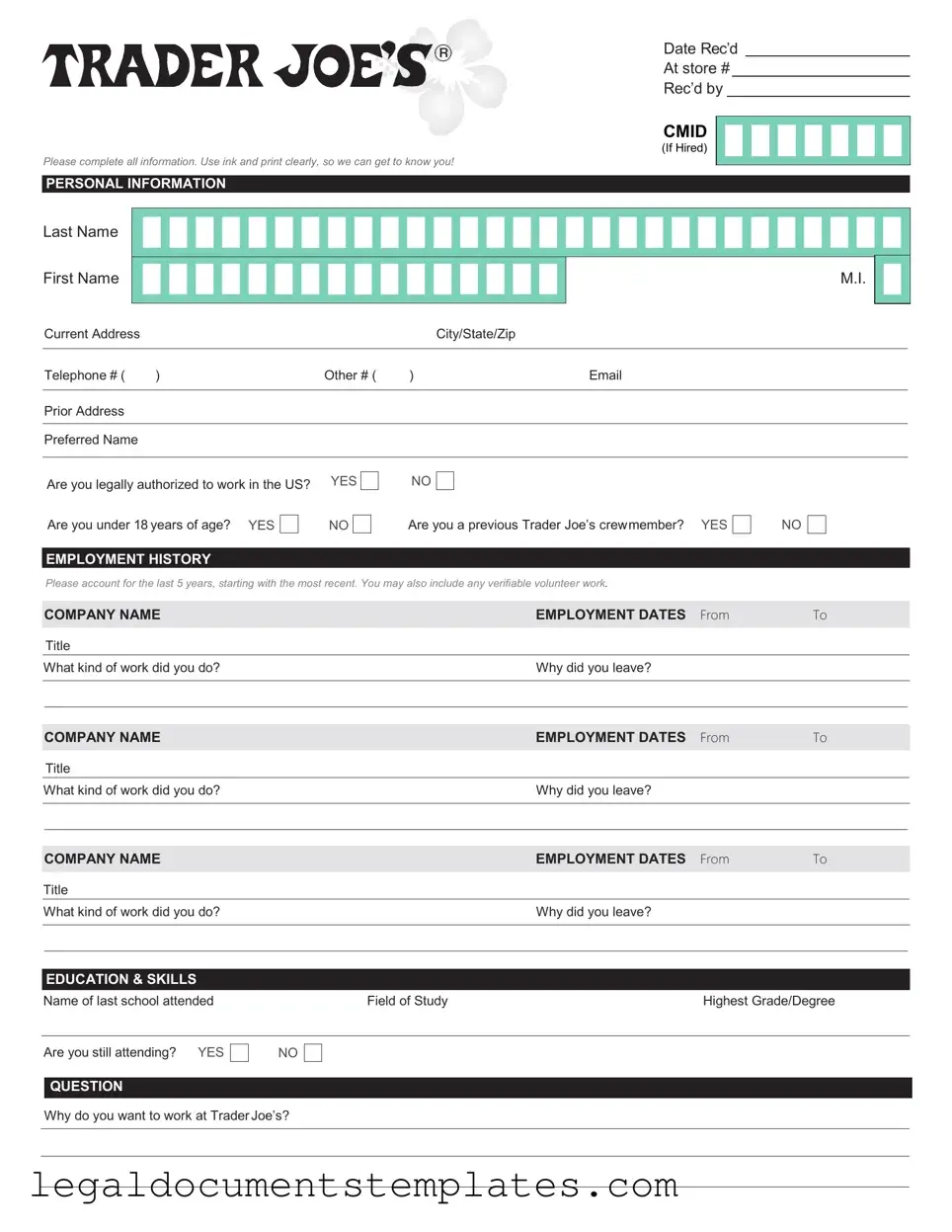 Free Trader Joe's application PDF Form