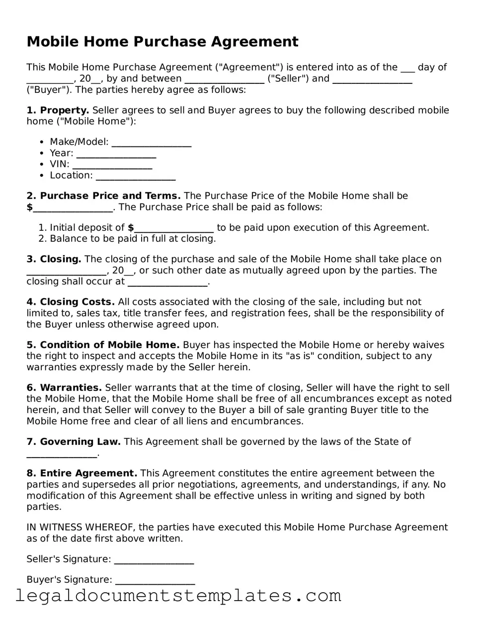 Legal Mobile Home Purchase Agreement Document