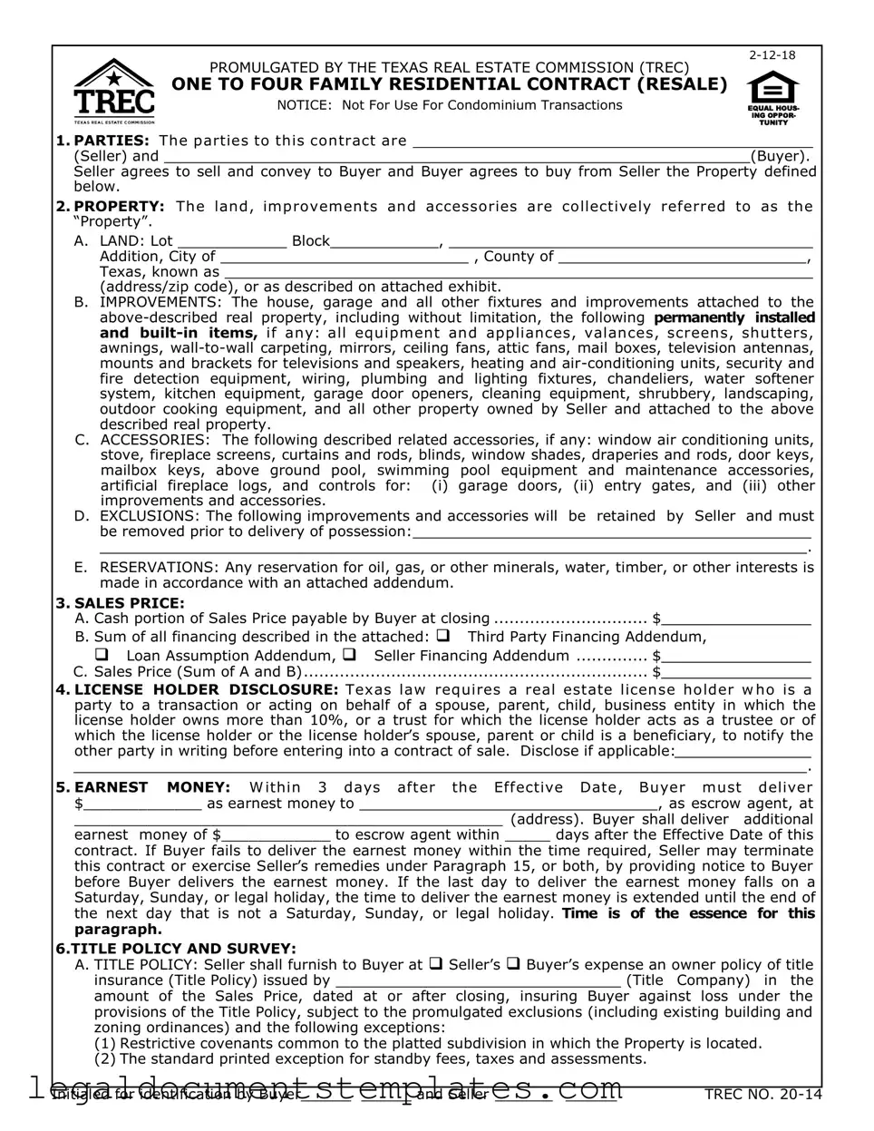 Free TREC One to four family residential contract PDF Form
