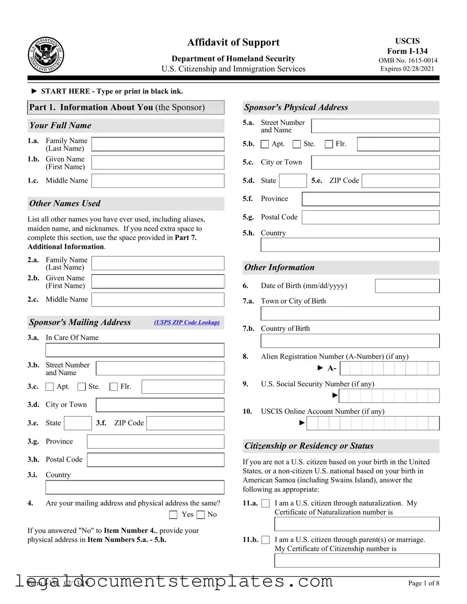 Free USCIS I-134 PDF Form