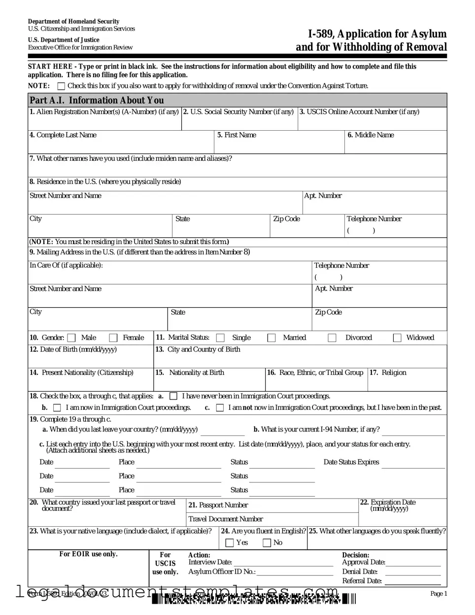 Free USCIS I-589 PDF Form