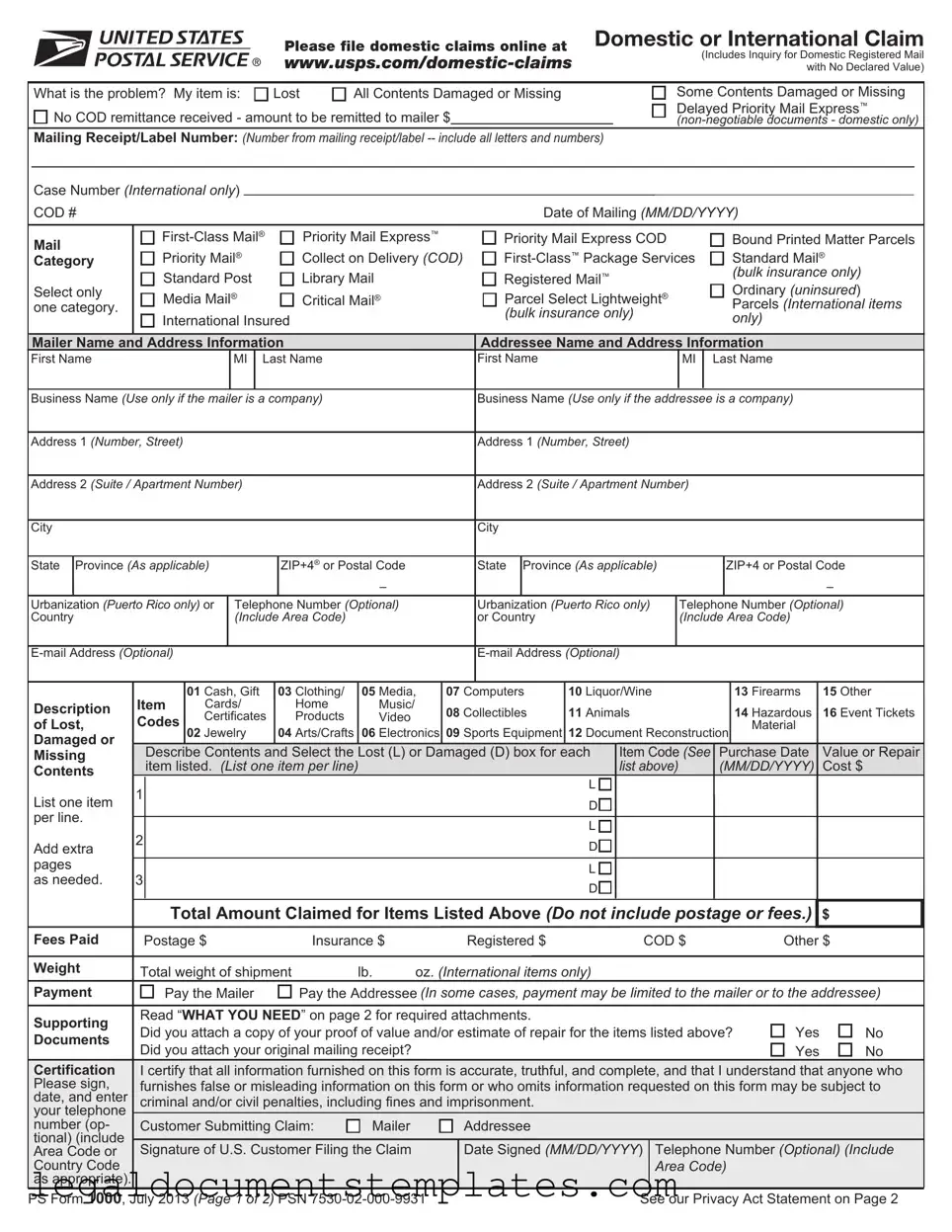 Free Usps Domestic Claim PDF Form