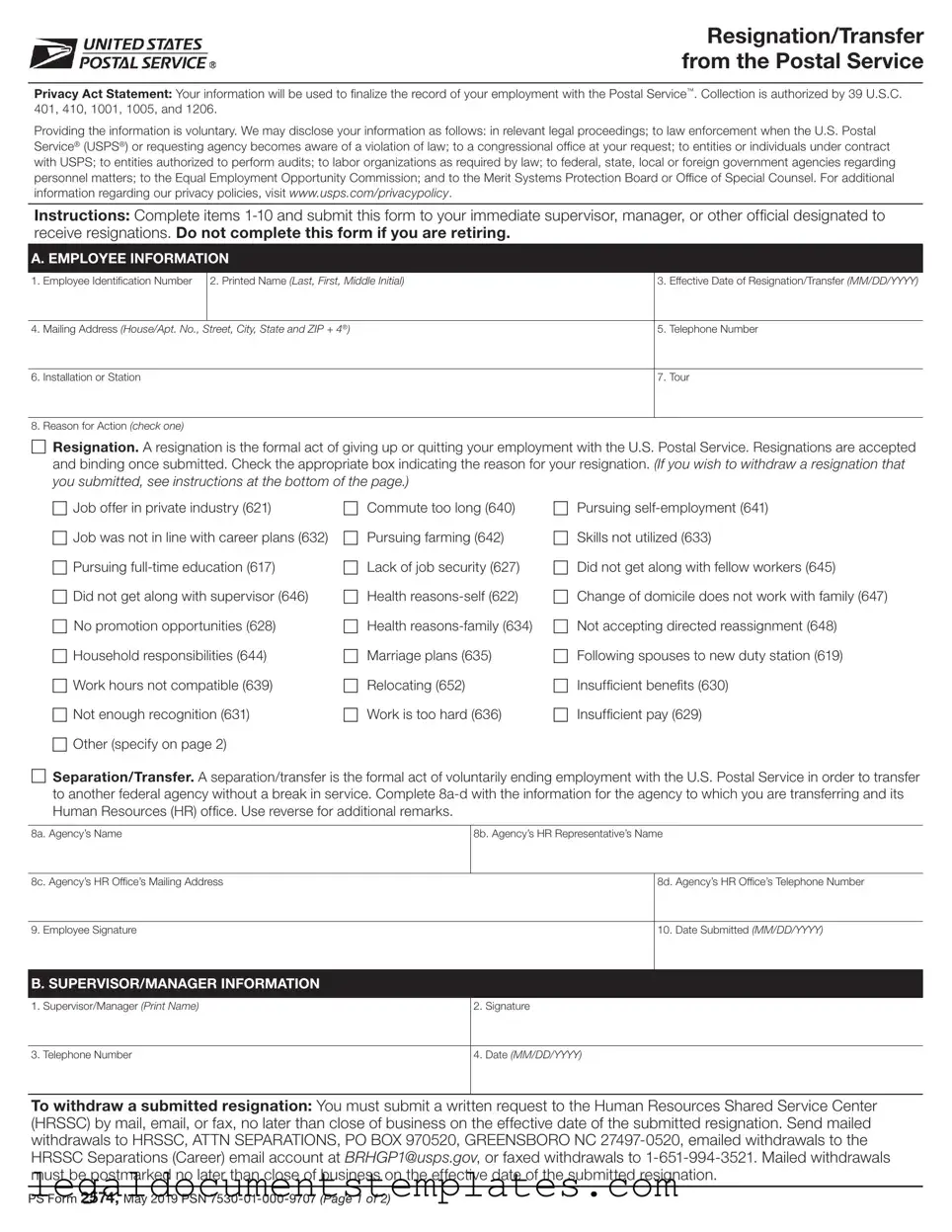 Free Usps Resignation PDF Form