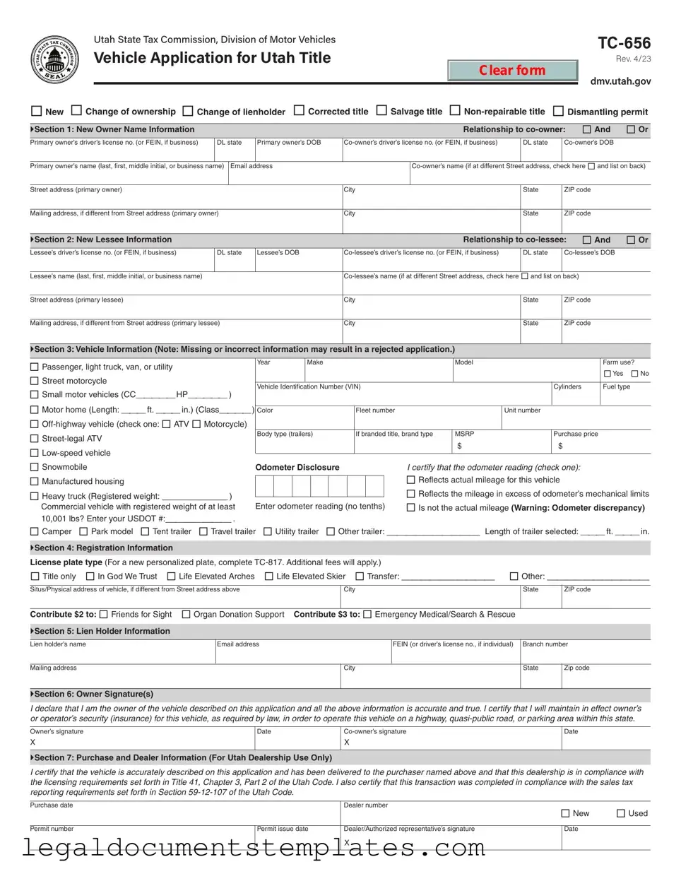Free Utah Dmv Tc 656 PDF Form