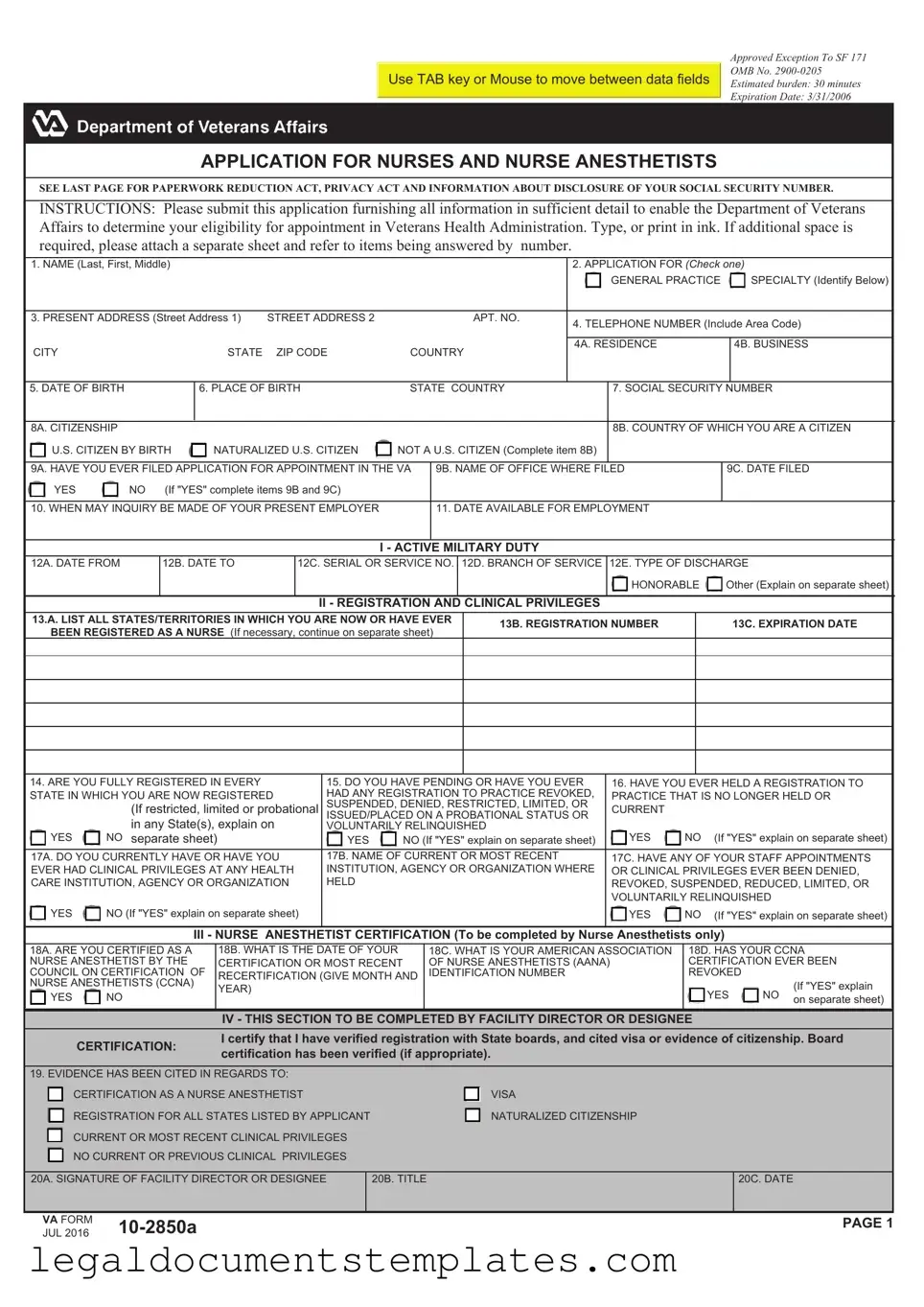 Free VA 10-2850a PDF Form