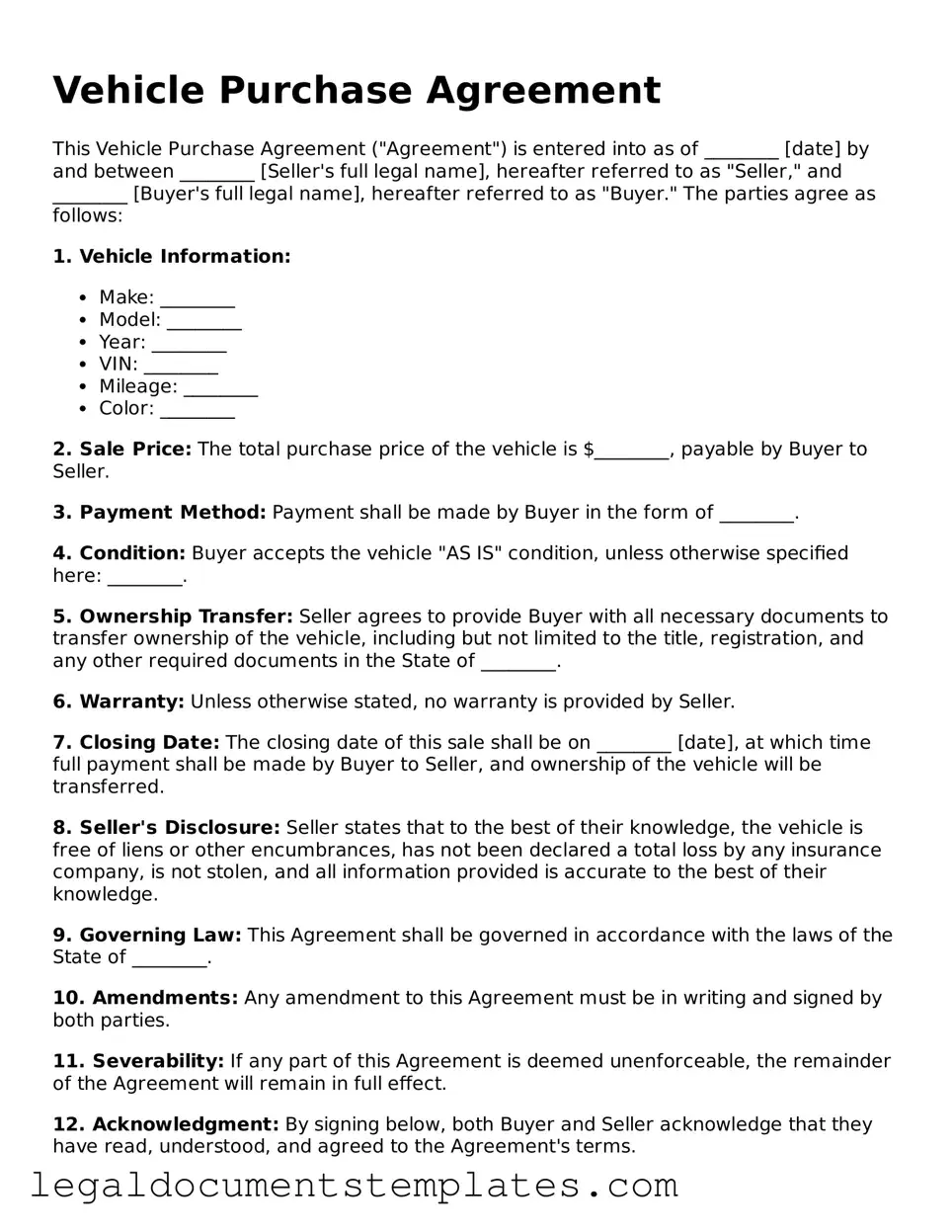 Legal Vehicle Purchase Agreement Document