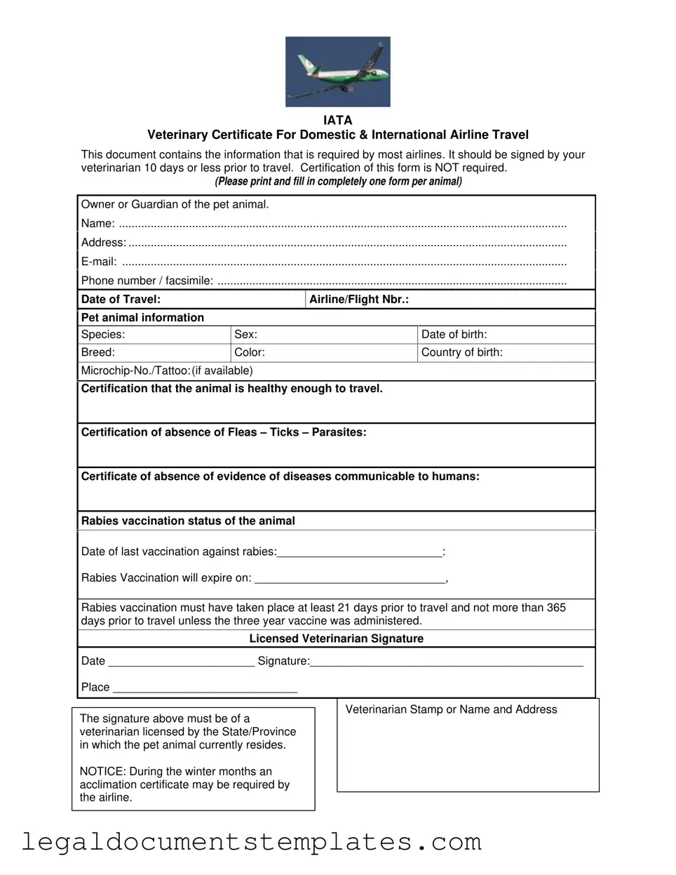 Free Veterinary Certificate Travel PDF Form