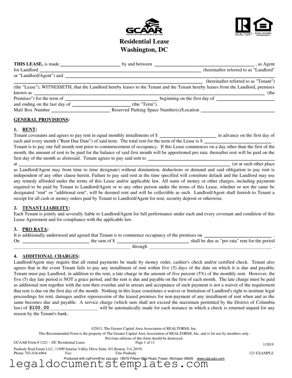 Free Washington Dc Residential Lease Agreement PDF Form