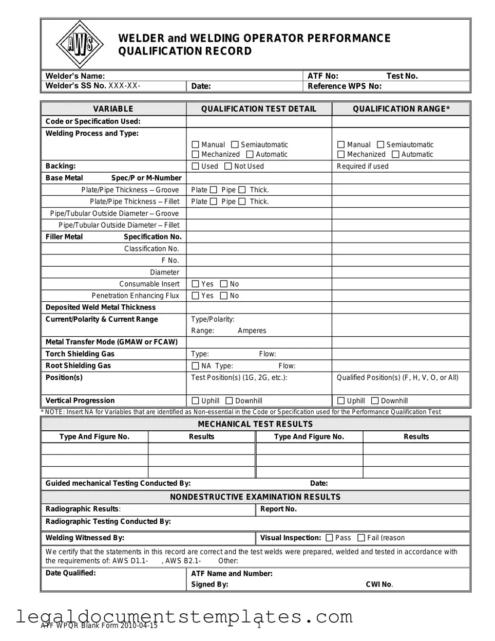Free Welder Performance Qualification Record PDF Form