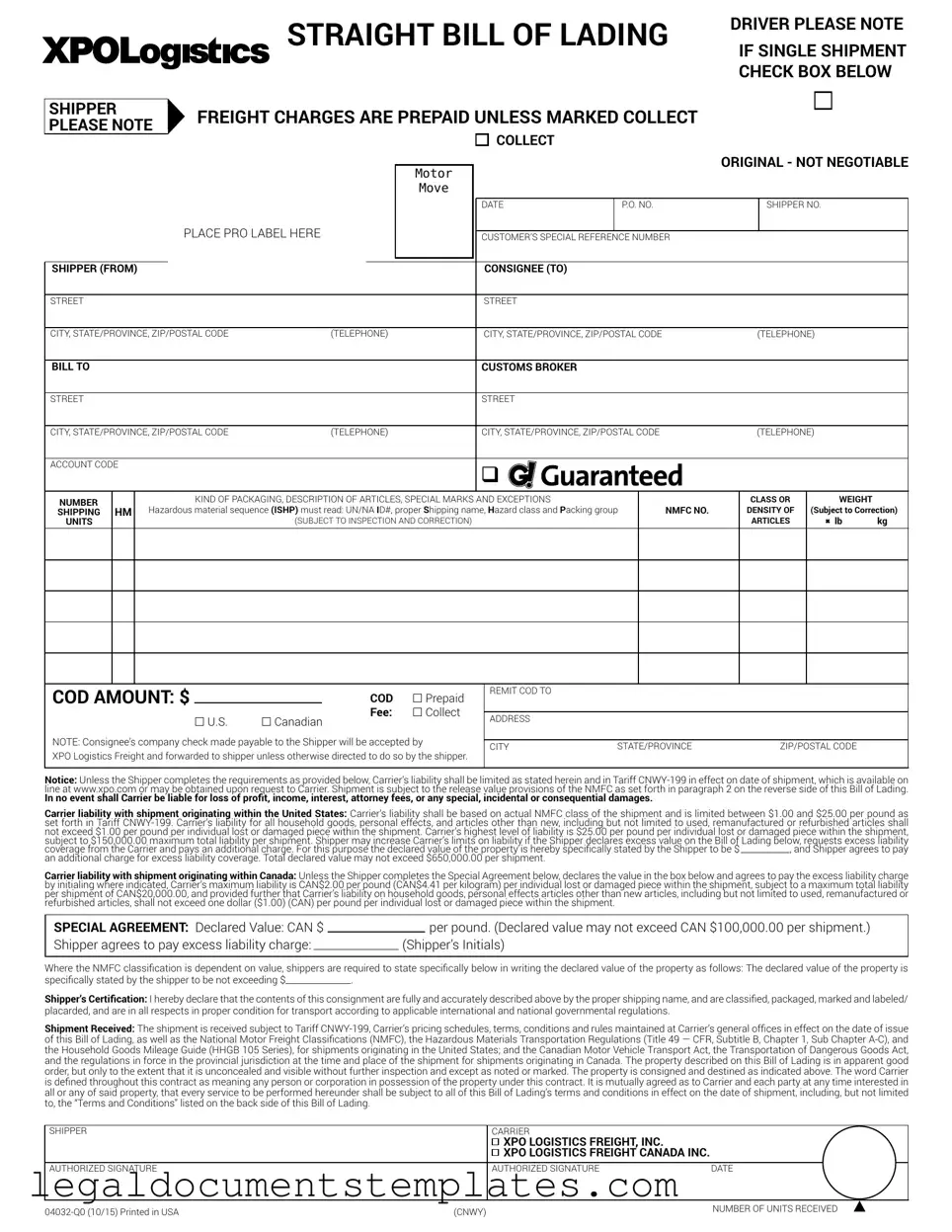 Free Xpo Logistics Bill Of Lading PDF Form